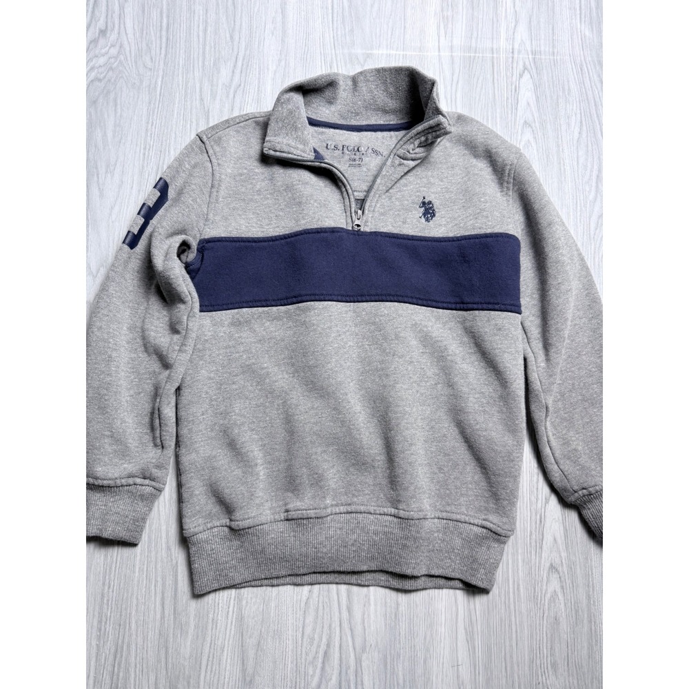 US Polo Assn Boys Quarter Zip Sweatshirt Gray Navy Blue Stripe Size S 6-7